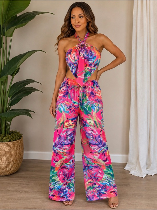 Fashion Nova Pants - Fashion Nova Pastel Tropical Pants and Scarf/halter top - Pink Multi